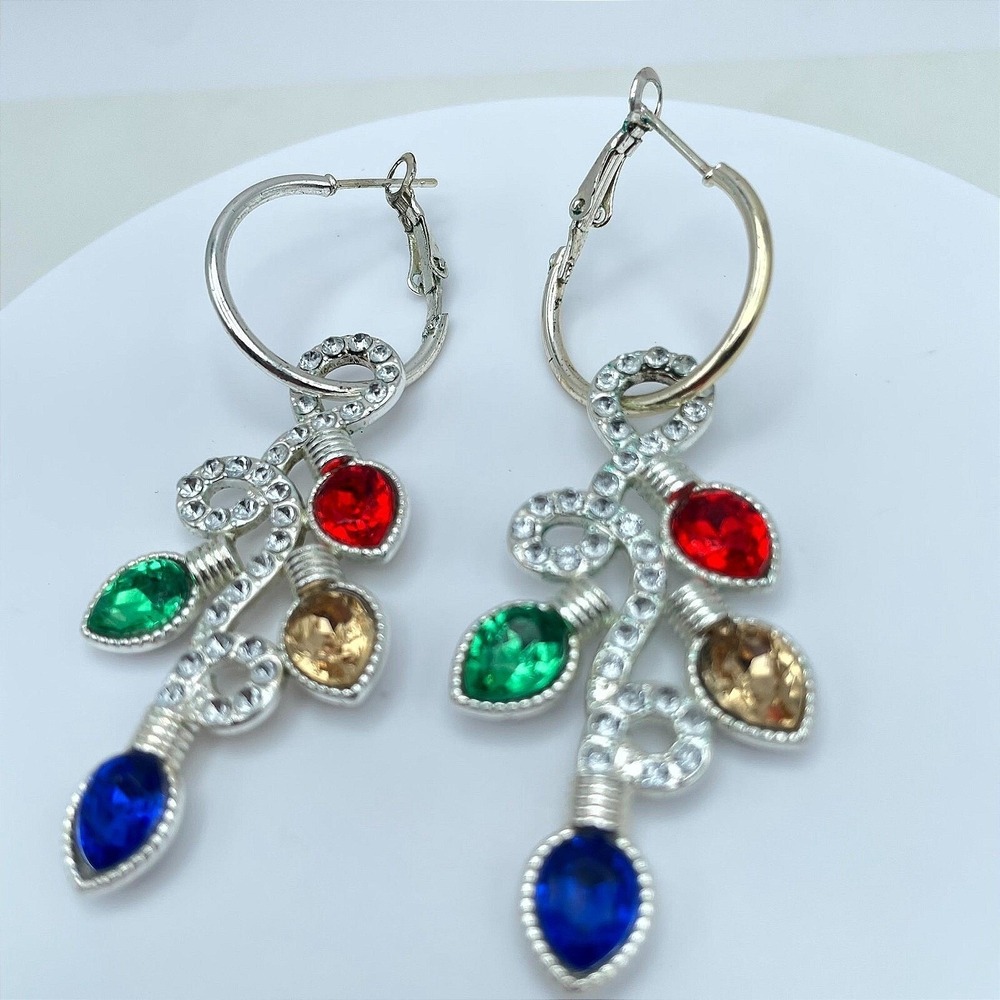 Gold-Tone Faceted Glass Bezel Beads Christmas Light Drop Dangle Hinged Earrings